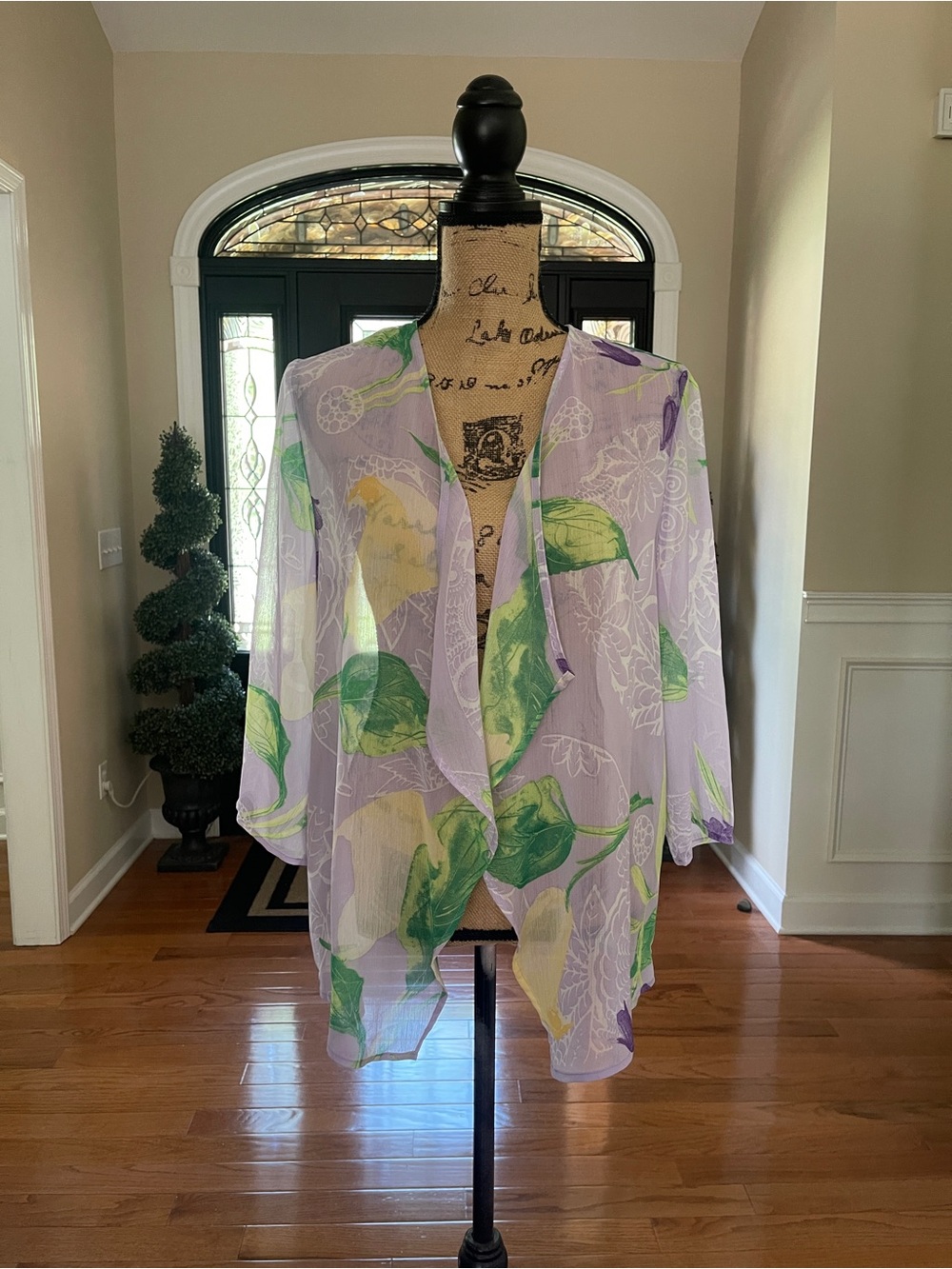 Chico's Libby Floral Lilac Green Open Front Sheer Jacket Cardigan Top Size 1 new
